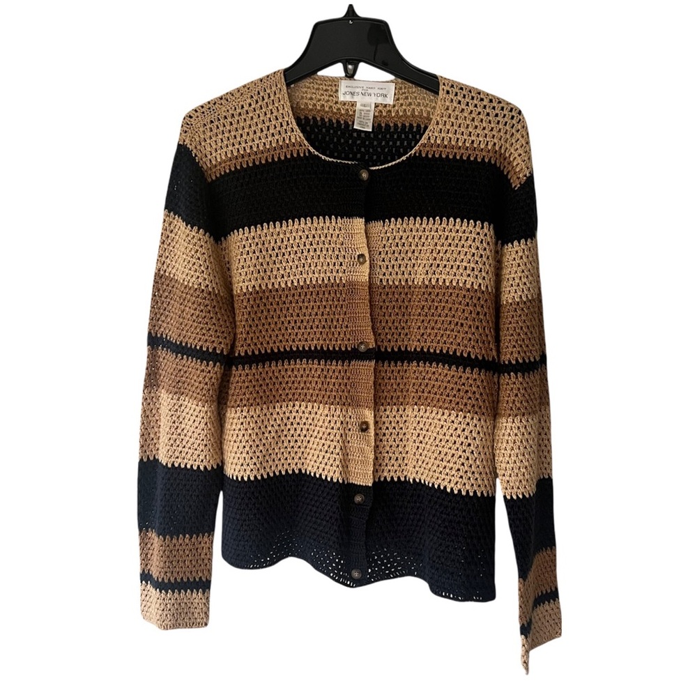 Jones New York Hand Knit True VTG Striped Linen Button Up Cardigan Sweater EUC L